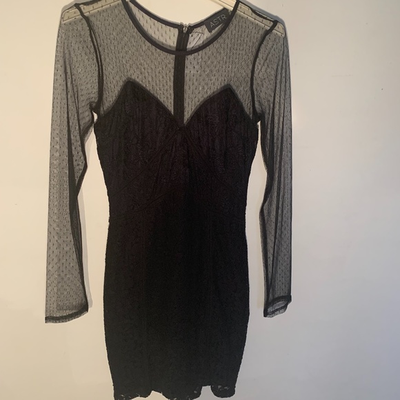 Black Mini Long Sleeve Lace Dress - Picture 1 of 6